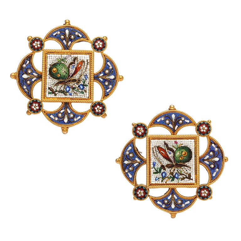 Victorian Micromosaic Butterfly Clip Earrings For Sale