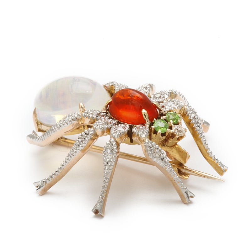 Antique Opal, Diamond, and Garnet Spider Pin