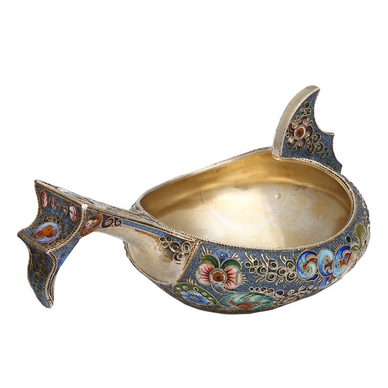 Russian Antique 11th Artel Enamel Kovsh For Sale