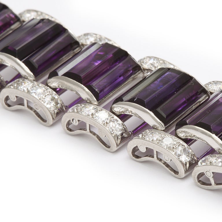 Matched Siberian amethyst and diamond bracelet mounted in platinum.

American, ca. 1930
Length: 19.5 mm
Width: 2.5 mm