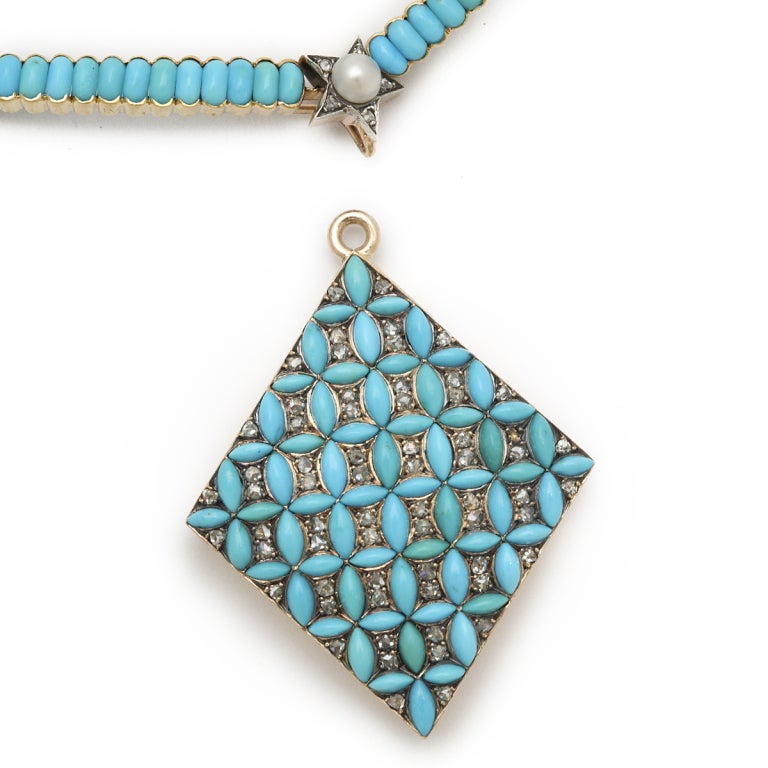 Women's Victorian Turquoise and Diamond Pendant and Necklace
