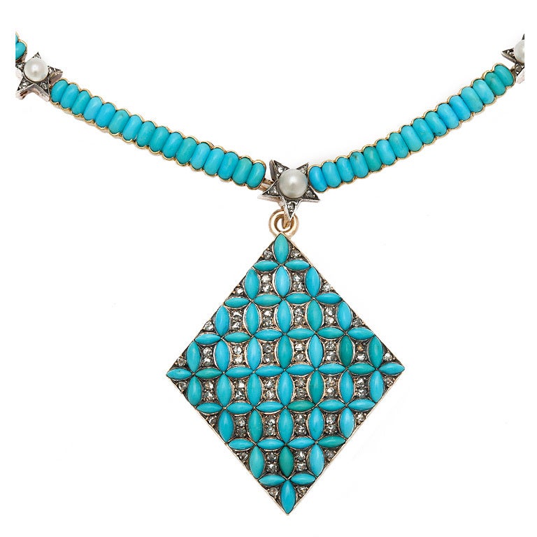Victorian Turquoise and Diamond Pendant and Necklace