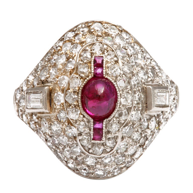 1920s Diamond and Ruby Bombé Ring For Sale