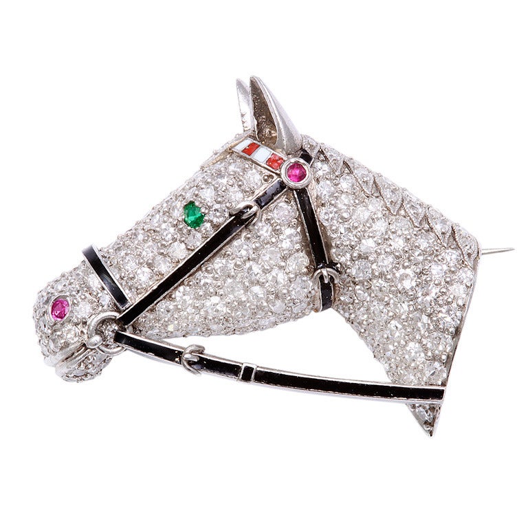 1920s Diamond Horse Head Brooch For Sale