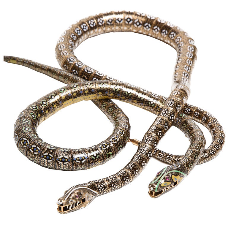 Magnificent Rare 1840s Swiss Enamel Gold Articulated Snake Necklaces For Sale