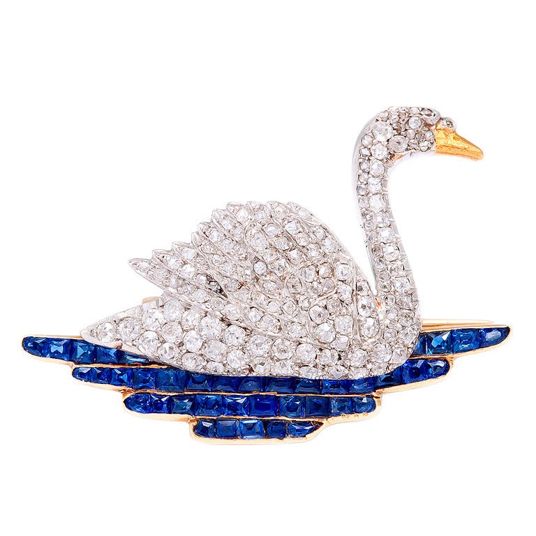 1920s Diamond Swan Brooch For Sale