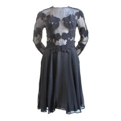 Black silk dres with lace embroidered appliques