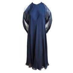 HALSTON navy blue silk chiffon dress with cut out shoulders