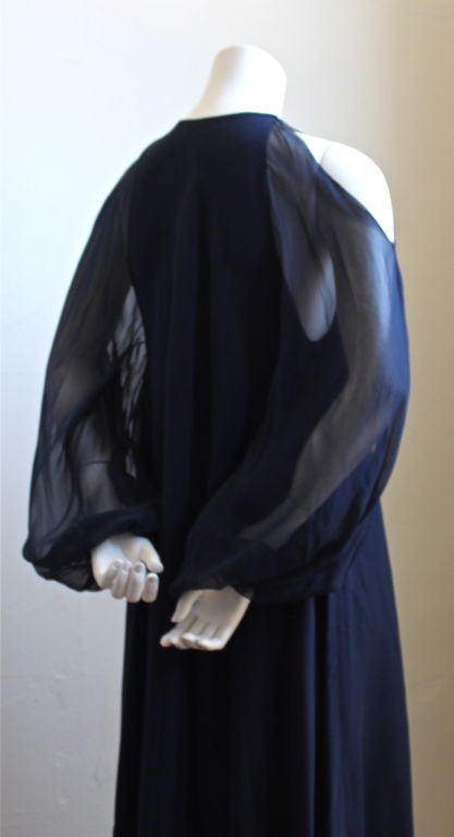 Black HALSTON navy blue silk chiffon dress with cut out shoulders