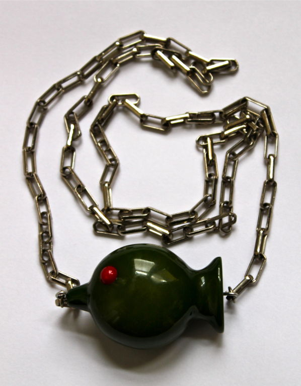 Lanvin 1970's green bakelite fish necklace on silvertoned chain