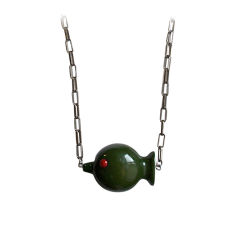 Vintage Lanvin 1970's green bakelite fish necklace on silvertoned chain