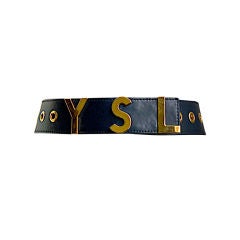 unworn YVES SAINT LAURENT navy leather belt with gilt hardware