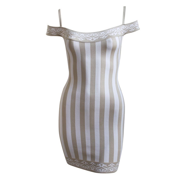Iconic AZZEDINE ALAIA tan and cream striped mini dress