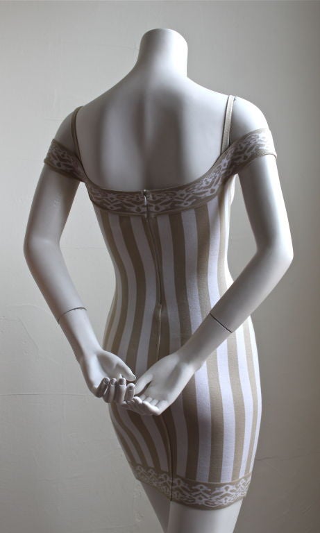 Women's Iconic AZZEDINE ALAIA tan and cream striped mini dress