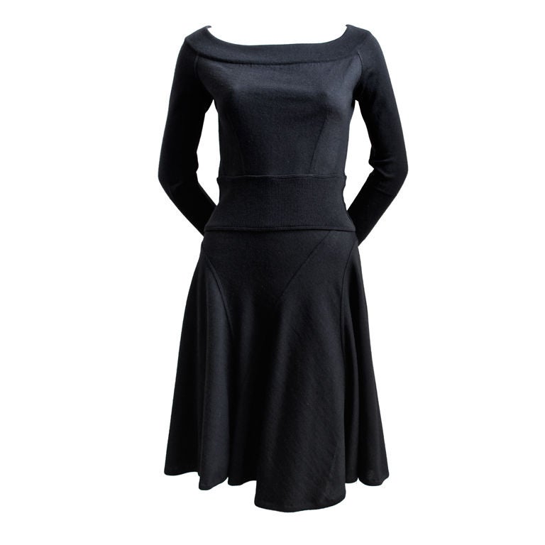 black dress with flared skirt