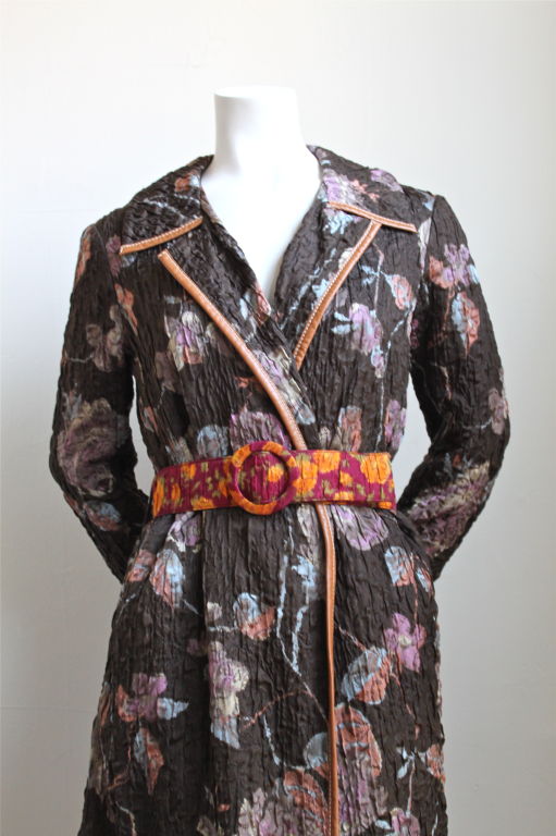 MIU MIU floral textured silk coat with leather trim