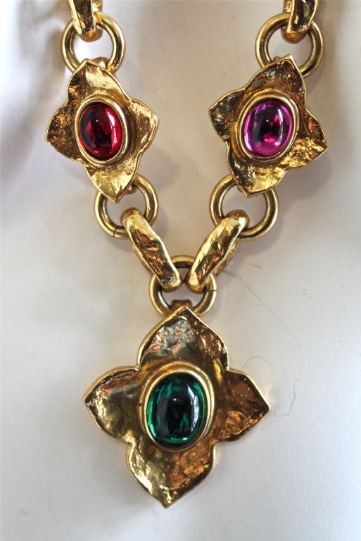 Very rare, colorful poured glass and gilt necklace made by Maison GRIPOIX for YVES SAINT LAURENT dating to the 1980's. Made in France. Excellent condition.