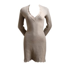 AZZEDINE ALAIA oatmeal croched knit dress with flounced sleeves