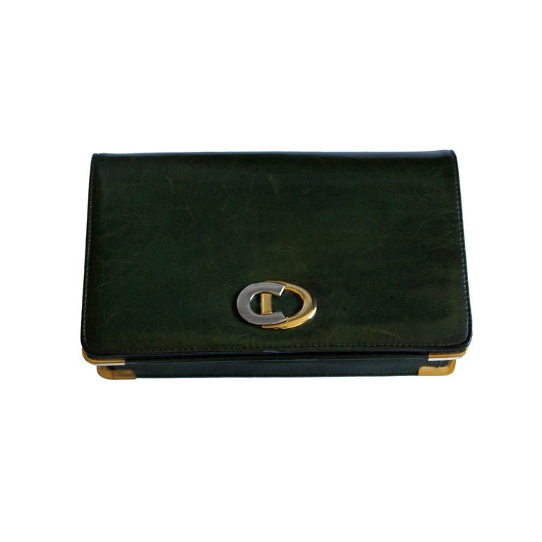 CHRISTIAN DIOR bottle green leather clutch with removable strap