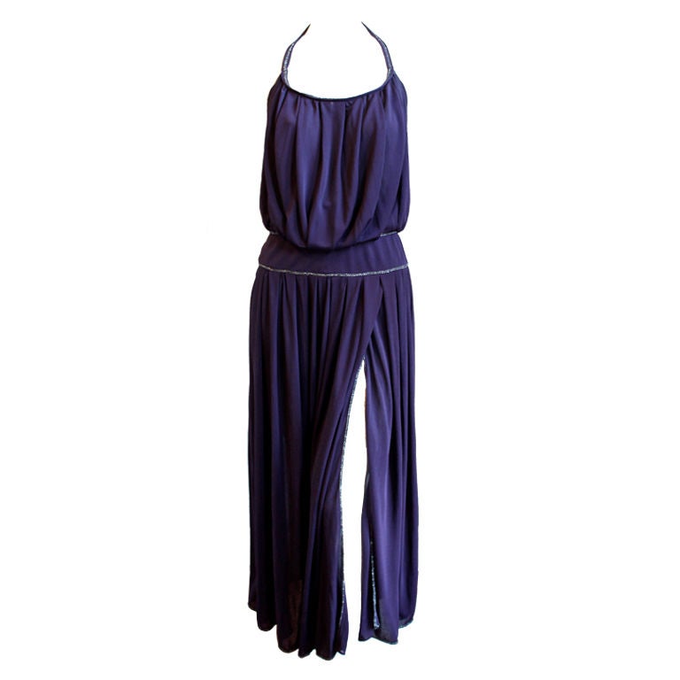 1970's BILL GIBB purple jersey gown with metallic trim For Sale at 1stDibs