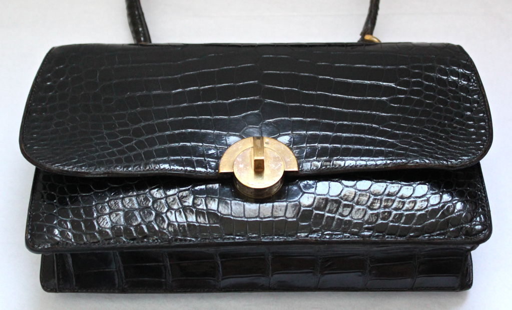 Women's 1940's HERMES crocodile top handle bag with gilt hardware