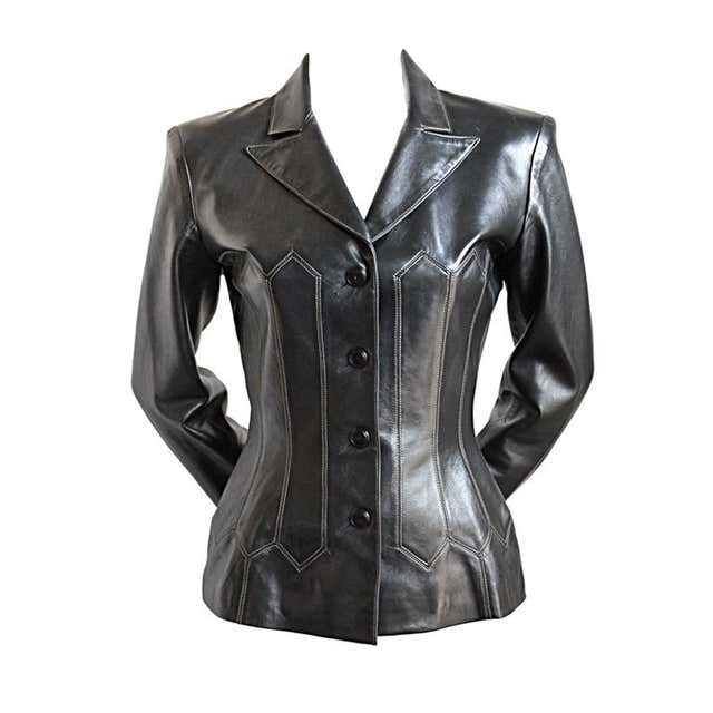 AZZEDINE ALAIA black leather jacket with topstitching For Sale at ...