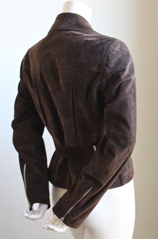 Unworn chocolate brown motorcycle jacket with silver hardware and lace up detail at back from Azzedine Alaia. French size 40, although this jacket runs small. Bust measures 36, shoulders 15