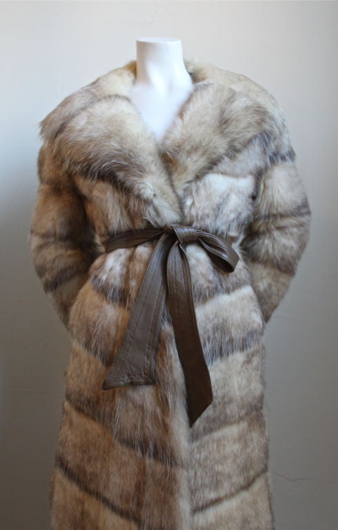 CHLOE chevron striped fox fur coat with leather belt