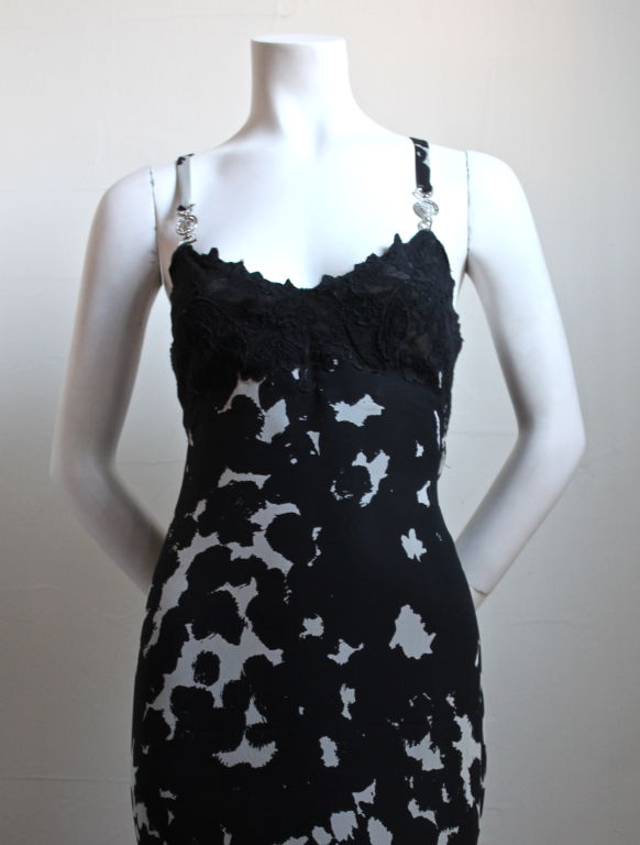 Uniquely printed black and pale-grey silk chiffon dress with lace bodice and rhinestone detail from Versace couture dating to the 1990's. Dress fits a size 2 or 4. Bust measures 32