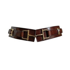 CELINE brown leather belt with gilt horse-bit hardware