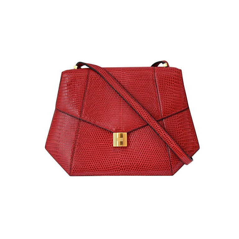HERMES red lizard bag with gild lock hardware