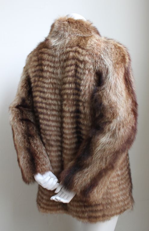 Beautiful brown muskrat fur coat with raccoon trim by Chloe dating to the late 1970's. Fits a size 6 or 8. Bust measures approximately 40