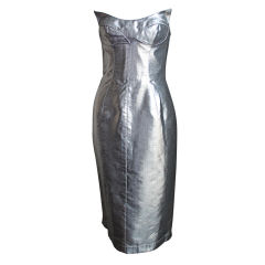Retro THIERRY MUGLER couture metallic silver sculptured dress - 1989