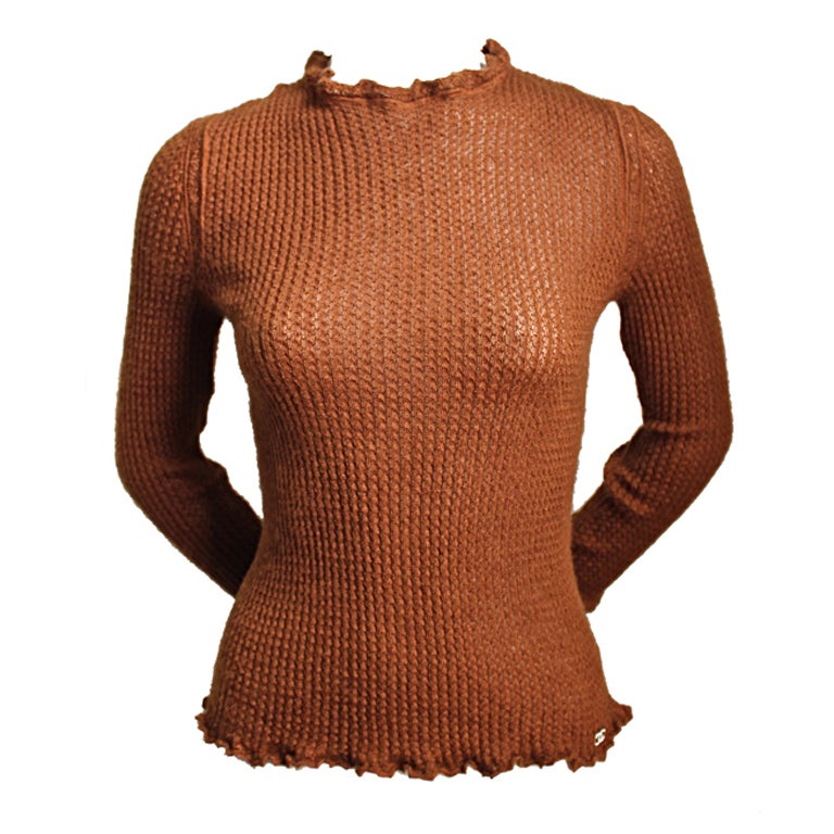 CHANEL rust lightweight cashmere sweater with ruffled trim