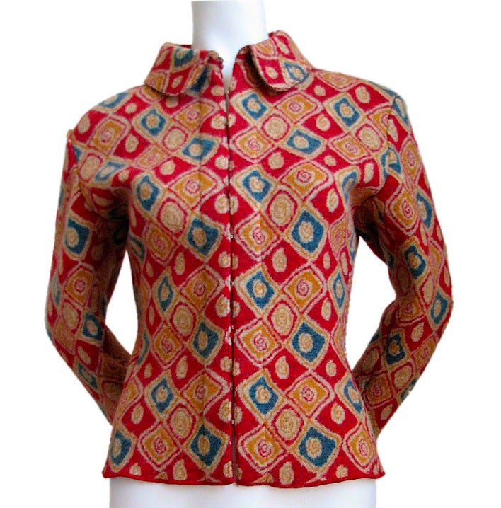 Brightly colored soft boiled wool jacket with unique print from Azzedine Alaia dating to the 1990's. Hook closure. Unlined. Fits a size M or L. There is some give to the wool. Made in Italy. EXCELLENT condition.