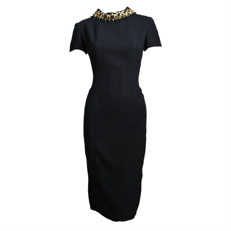 60's PIERRE BALMAIN couture black wool dress with beaded collar For Sale