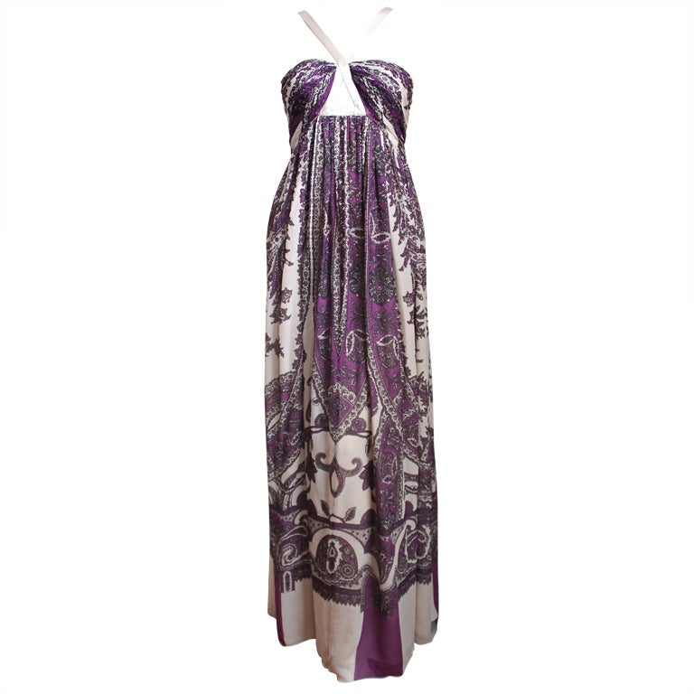 ROBERTO CAVALLI silk paisley printed metallic floor length gown