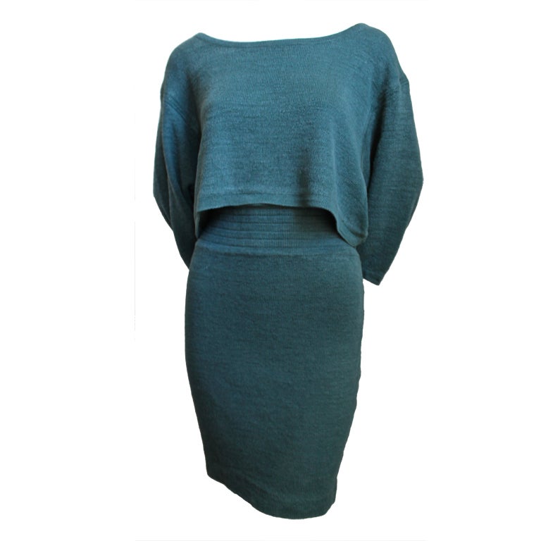 1980's AZZEDINE ALAIA turquoise knit linen cropped top and skirt at 1stdibs