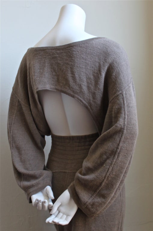 AZZEDINE ALAIA taupe linen knit dress with cut out back