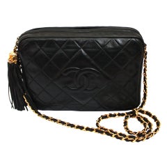 Vintage 1980's CHANEL black quilted leather bag with gilt chain & tassel