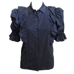YVES SAINT LAURENT navy blue polka dotted silk blouse