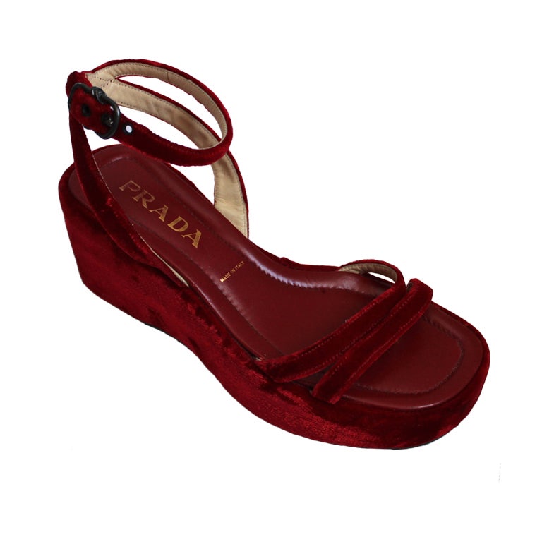 1997 PRADA red velvet platform sandals - unworn at 1stDibs | vintage prada platform  sandals, prada velvet platform sandals, red velvet platforms