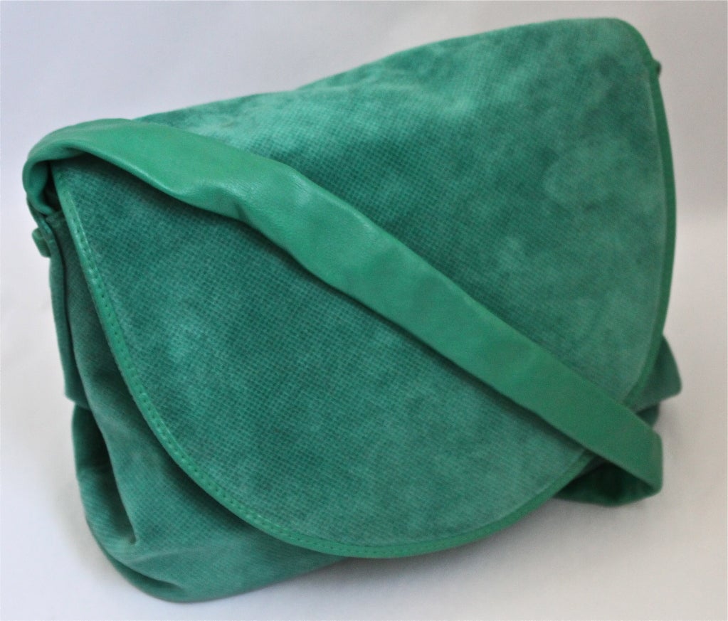 Vivid jade green suede bag with subtle diamond print from Bottega Veneta dating to the 1980's. Bag measures approximately 11