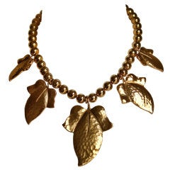 YVES SAINT LAURENT oversized hammered gilt leaf necklace 8