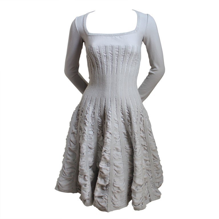 AZZEDINE ALAIA dove grey knit dress with ruching & chenille trim