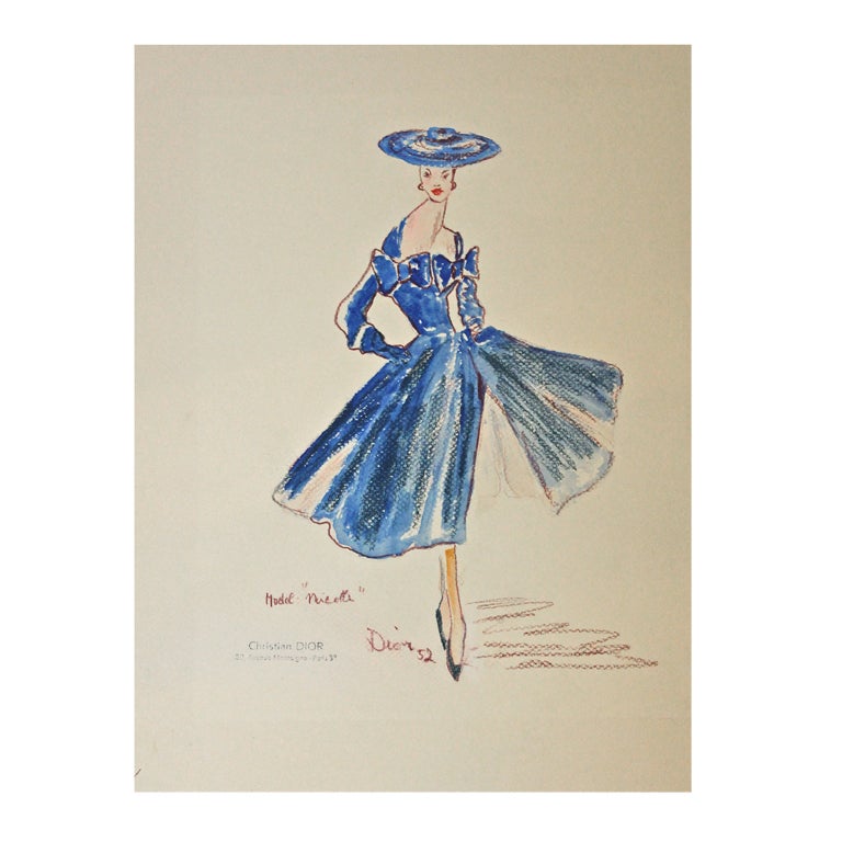 very rare 1952 CHRISTIAN DIOR fashion sketch