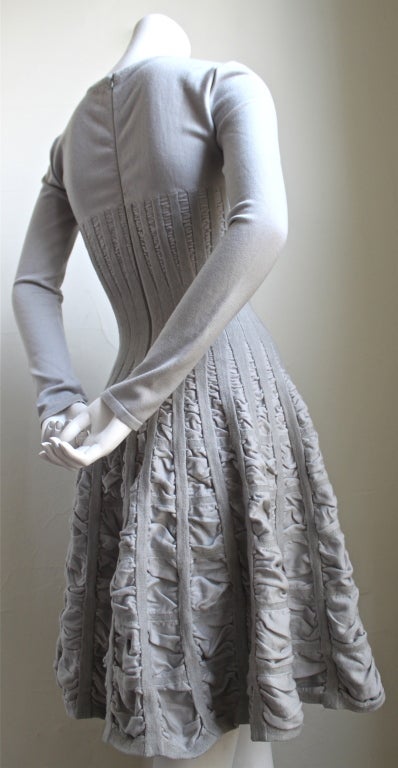 Women's AZZEDINE ALAIA dove grey knit dress with ruching & chenille trim