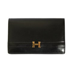 HERMES Annie black box leather clutch with gold hardware & strap
