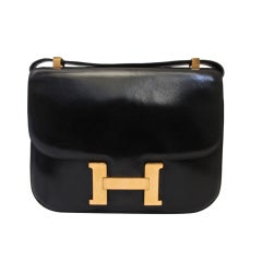 Used 1972 HERMES black box leather Constance bag with gold hardware