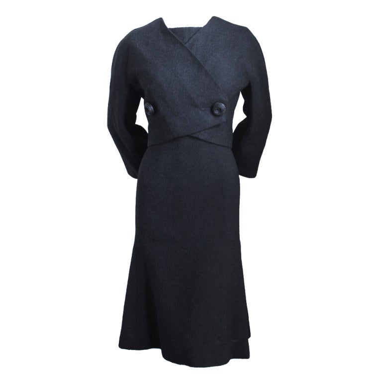 JACQUES HEIM haute couture black wool jacket and dress at 1stDibs